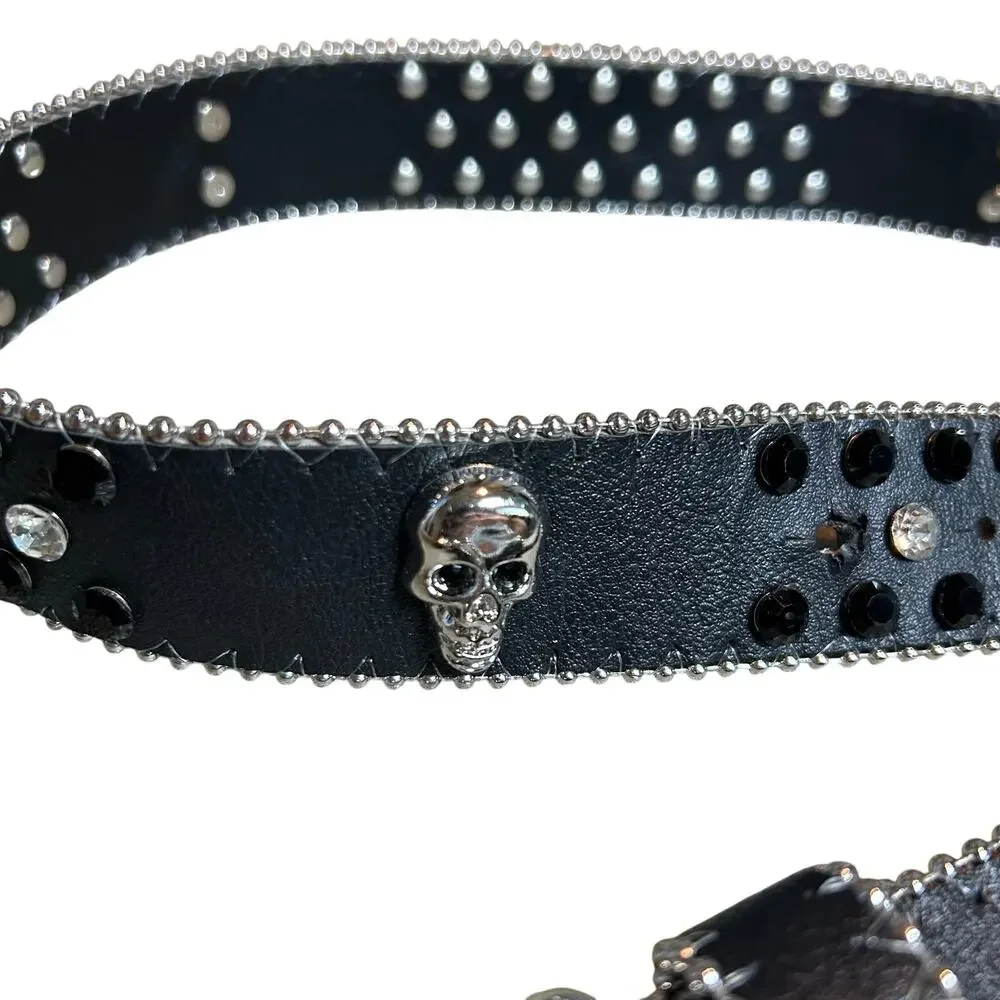 Pirate Belt Silver Rhinestone Skull Black Leather Glam Rock Goth Y2K Punk Grunge